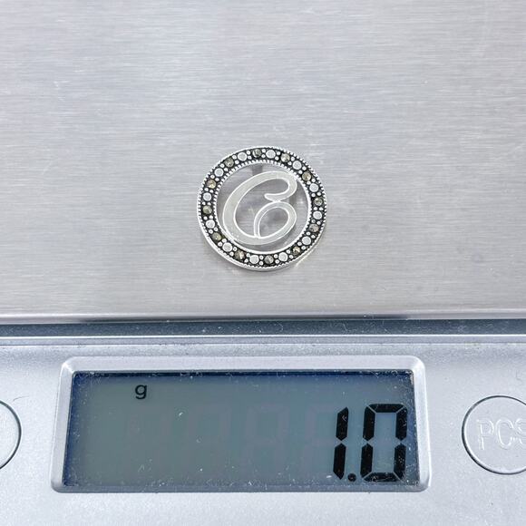 Estate Sterling Silver 925 Marcasite C Initial Circle Pendant - Picture 8 of 8